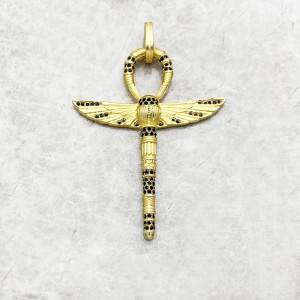 Ankh-Anhänger mit Skarabäus Gold | 925 Silber & schwarze Steine