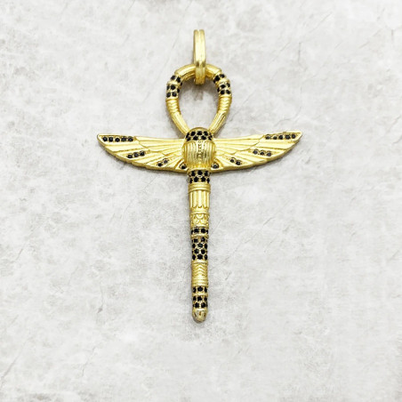 Ankh-Anhänger mit Skarabäus Gold | 925 Silber & schwarze Steine