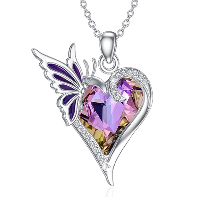 Halskette Schmetterling mit Amethyst-Herz & Kristall | Geschenk