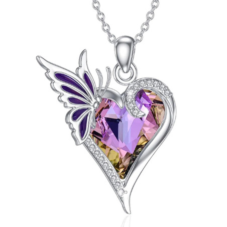 Halskette Schmetterling mit Amethyst-Herz & Kristall | Geschenk