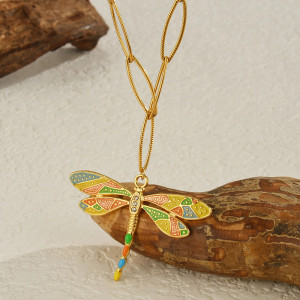 Goldene Libellen-Halskette | Bunter Emaille-Anhänger | Schmuck