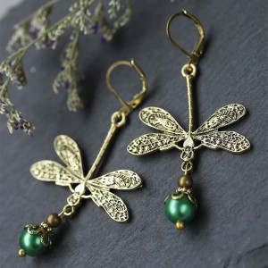 Ohrringe Smaragdperle Boho - Vintage Libellen Schmuck Gold