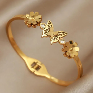 Magnifique Bracelet Papillon et Fleurs Éclat Doré
