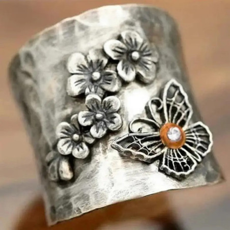 Damen Schmetterlingsring Silberne Blüte Vintage Bohème