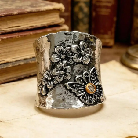 Damen Schmetterlingsring Silberne Blüte Vintage Bohème