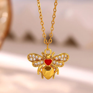 Bienenkette Gold mit rotem Herz & Kristallen | Geschenk für Frauen