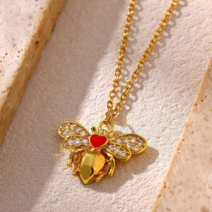Bienenkette Gold mit rotem Herz & Kristallen | Geschenk für Frauen