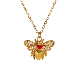 Bienenkette Gold mit rotem Herz & Kristallen | Geschenk für Frauen