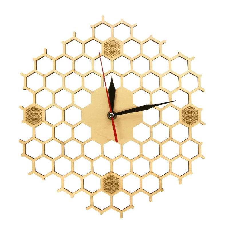 Große Bienen-Wanduhr aus Holz | Quarzuhr im Waben-Design