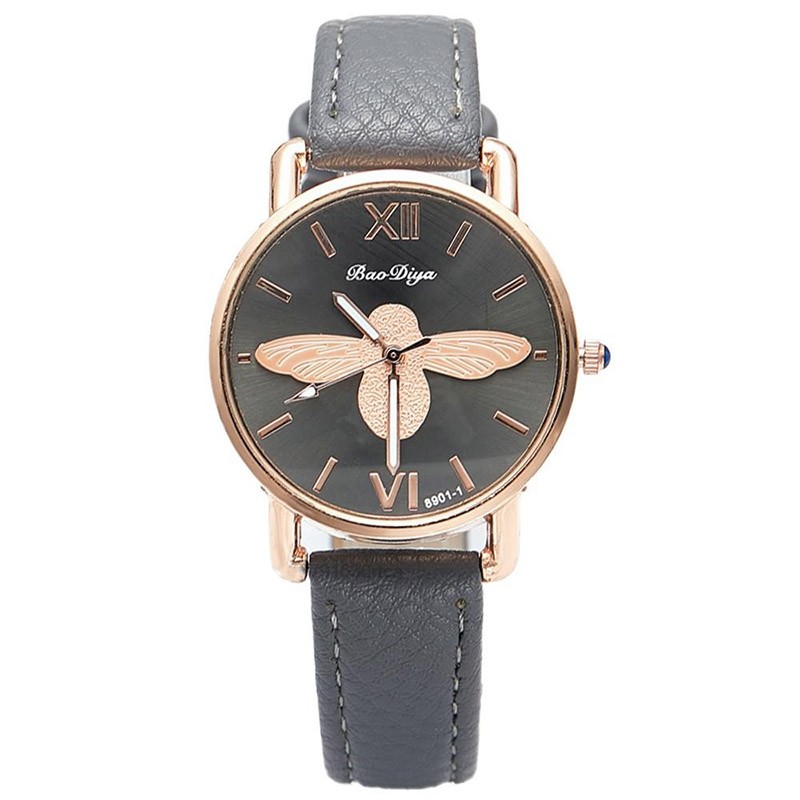 Montre abeille pour femme bracelet en cuir horloge à quartz gris
