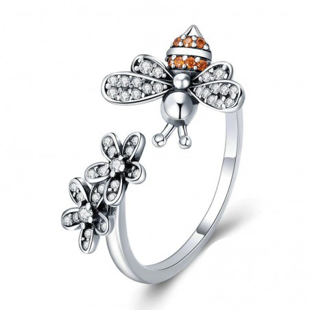 Bague Abeille en argent Sterling 925  taille ajustable avec abeille et fleurs pour femmes  - modele 1