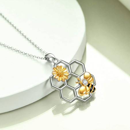 Magnifique Collier pendentif abeille strass et tournesol couleur or sur nid nid d'abeille couleur argent déta