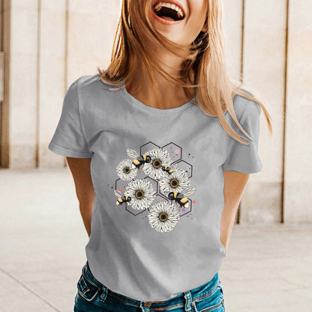 T-shirt fluide pour l'été  abeilles et marguerites - couleur Gris