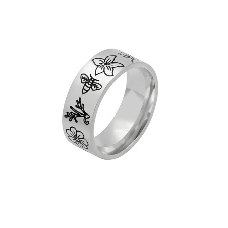 Anneau abeille de type chevalière  motif hibiscus - modèle argent