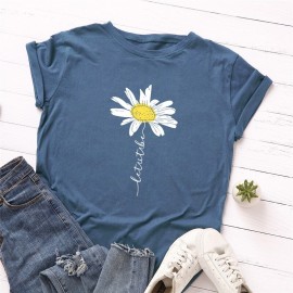 T-Shirt à manches courtes Femme Let it Be imprimé marguerite couleur bleu