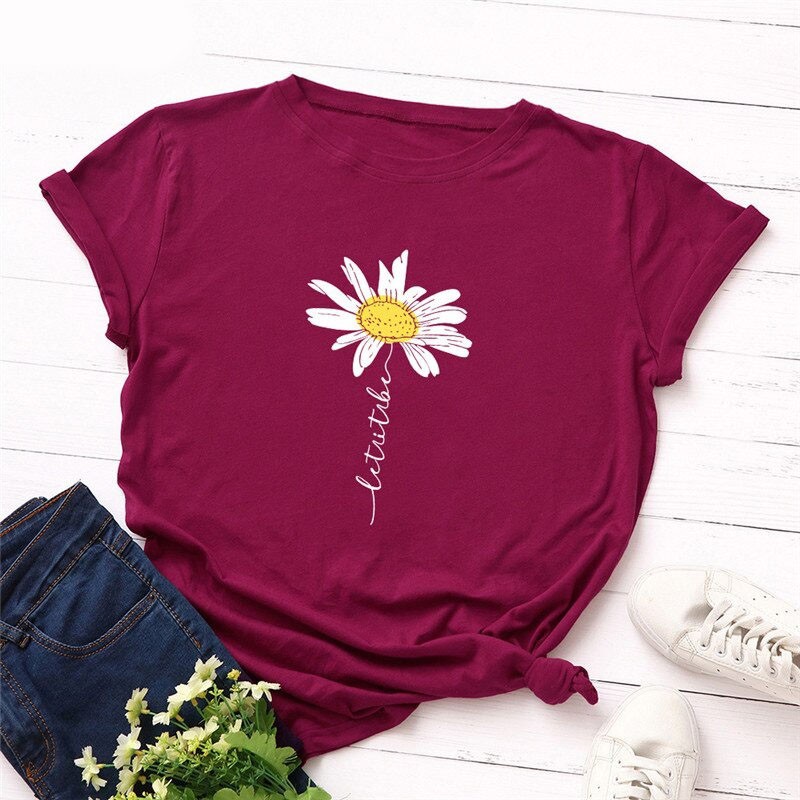 T-Shirt à manches courtes Femme Let it Be imprimé marguerite couleur rouge bordeau