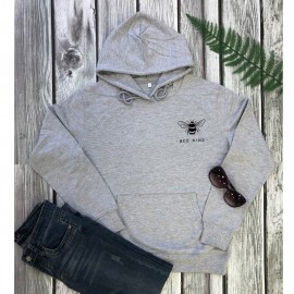 Sweat-shirt Femme à manches longue, capuche et poche ventrale Bee Kind gris