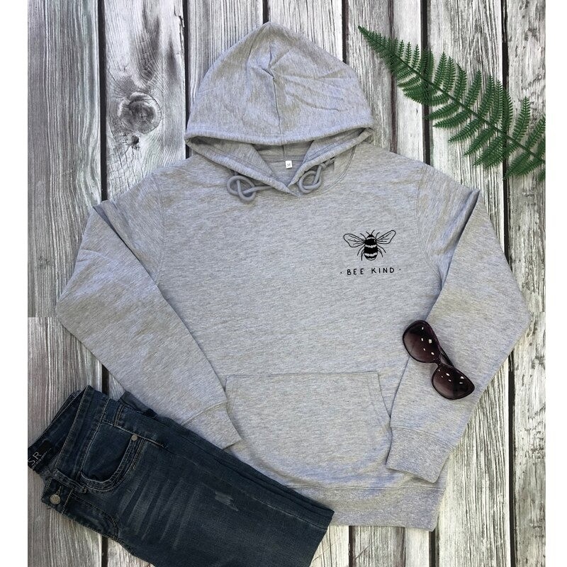 Sweat-shirt Femme à manches longue, capuche et poche ventrale Bee Kind gris