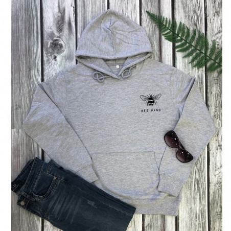 Sweat-shirt Femme à manches longue, capuche et poche ventrale Bee Kind gris