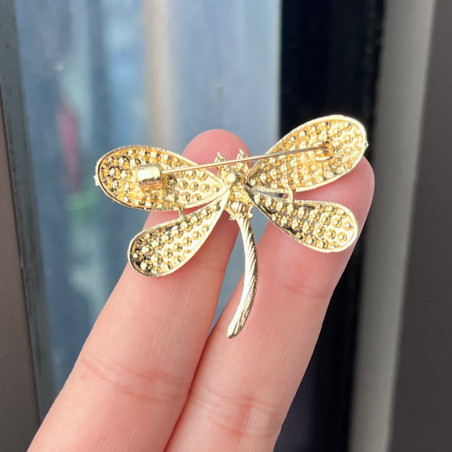 Broche libellule strass aux ailes dorées vue arrière