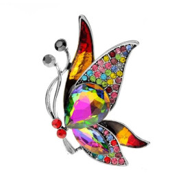 Broche Papillon en envol Multicolores en Strass Rose