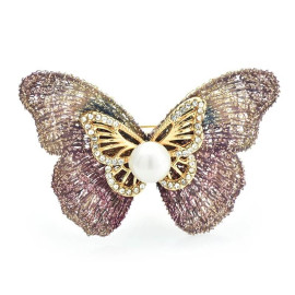 Grande Broche Papillon Perle et effet Dentelle Couleur Rose
