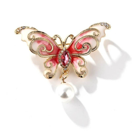 Broche Papillon en Émail avec Pendentif Perle - couleur rouge