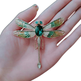 Magnifique Grande Broche Libellule Émaillée Couleur Vert foncé