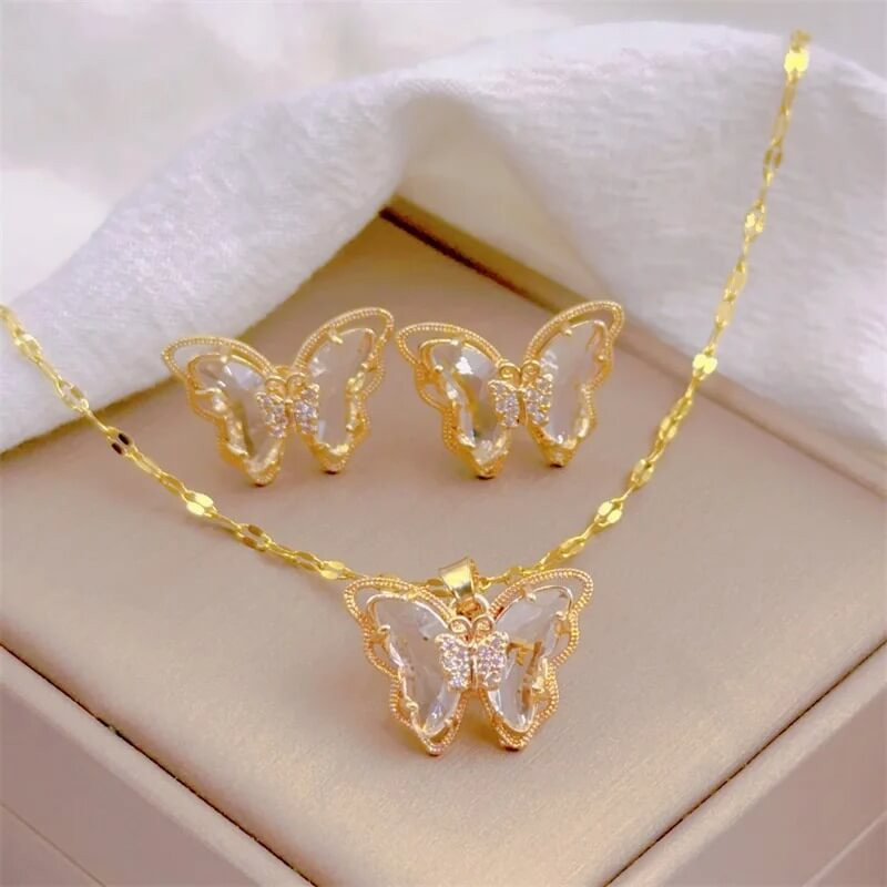 Ensemble Collier et Boucles d'oreilles Papillon Couleur Blanc