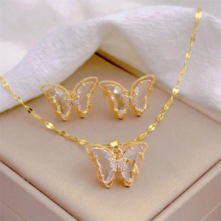 Ensemble Collier et Boucles d'oreilles Papillon Couleur Blanc