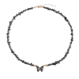 Collier papillon et pierre naturelle - gris