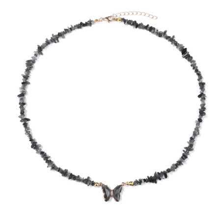 Collier papillon et pierre naturelle - gris
