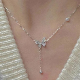 Collier papillon Perle pendant chaine petit papillon Strass