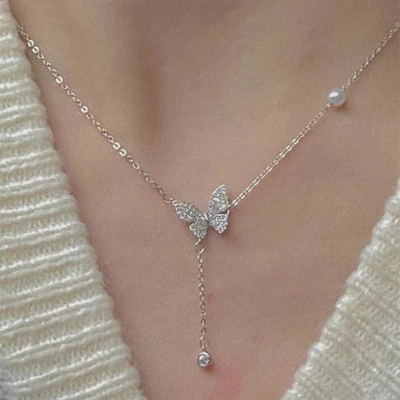 Collier papillon Perle pendant chaine petit papillon Strass