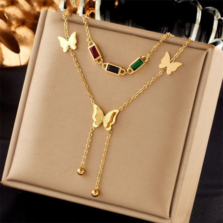Collier papillon double chpaine 3 papillons et pierres de couleurs