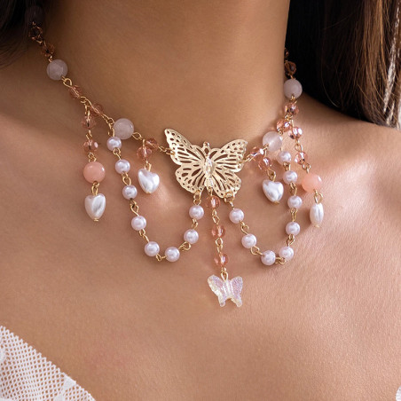 vue portée Collier papilion doré avec pendants de perles nacrées