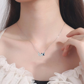 Collier Papillon Argent Sterling 925 véritable - 2 papillons en argent Strass et bleu
