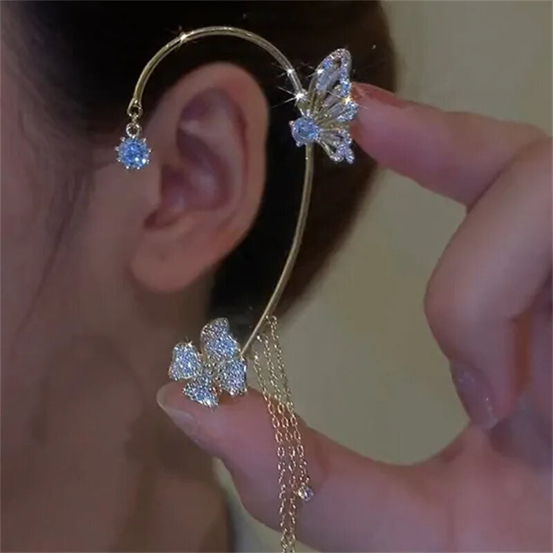 Boucles d'oreilles papillon - clip d'oreile 2 papillons strass et pendants
