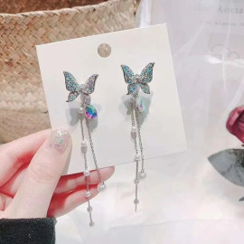 Boucles d'oreilles papillon multicolore avec pendants perles blanches
