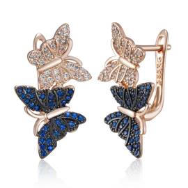 vue complète Boucles d'oreilles papillon strass bleus et argent
