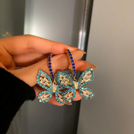 Boucles d'oreilles papillon grand papilions aux bleus étincelants