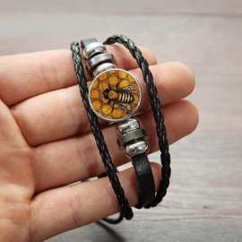Bracelet nid d'abeille fait à la main en verre imprimé 3D en cuir pour homme