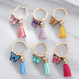 Porte-clés papillon avec grand pompon et petit papillon - 6 couleurs au choix