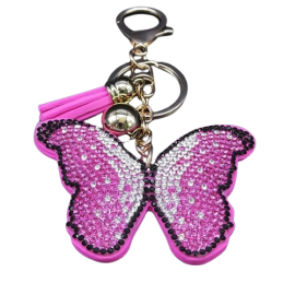 détails Porte-clés papillon rose avec Strass étincelants avec pompon