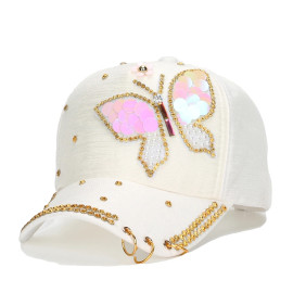 Casquette Papillon Strass Cristaux à visière cloutée - Couleur Blanc