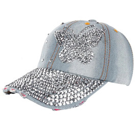 Casquette Papillon en Denim Strass et Grand Papillon - Couleur Bleu Ciel