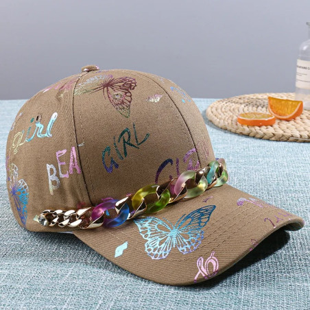 Casquette Papillon Graffitis Papillons Colorés et Chaîne - Couleur Beige