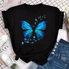 T-shirt Grand Papillon Floral Bleu couleur Noir