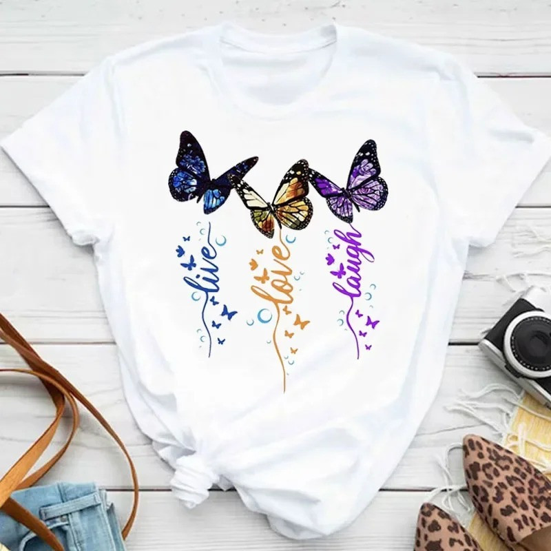 T-shirt Papillons Volants imprimé "Live - Love - Laugh\" Blanc