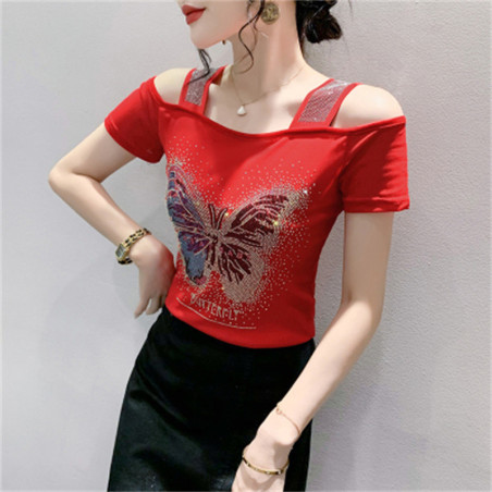 T-shirt à épaule nues avec Grand Papillon à Strass et Paillettes couleur rouge